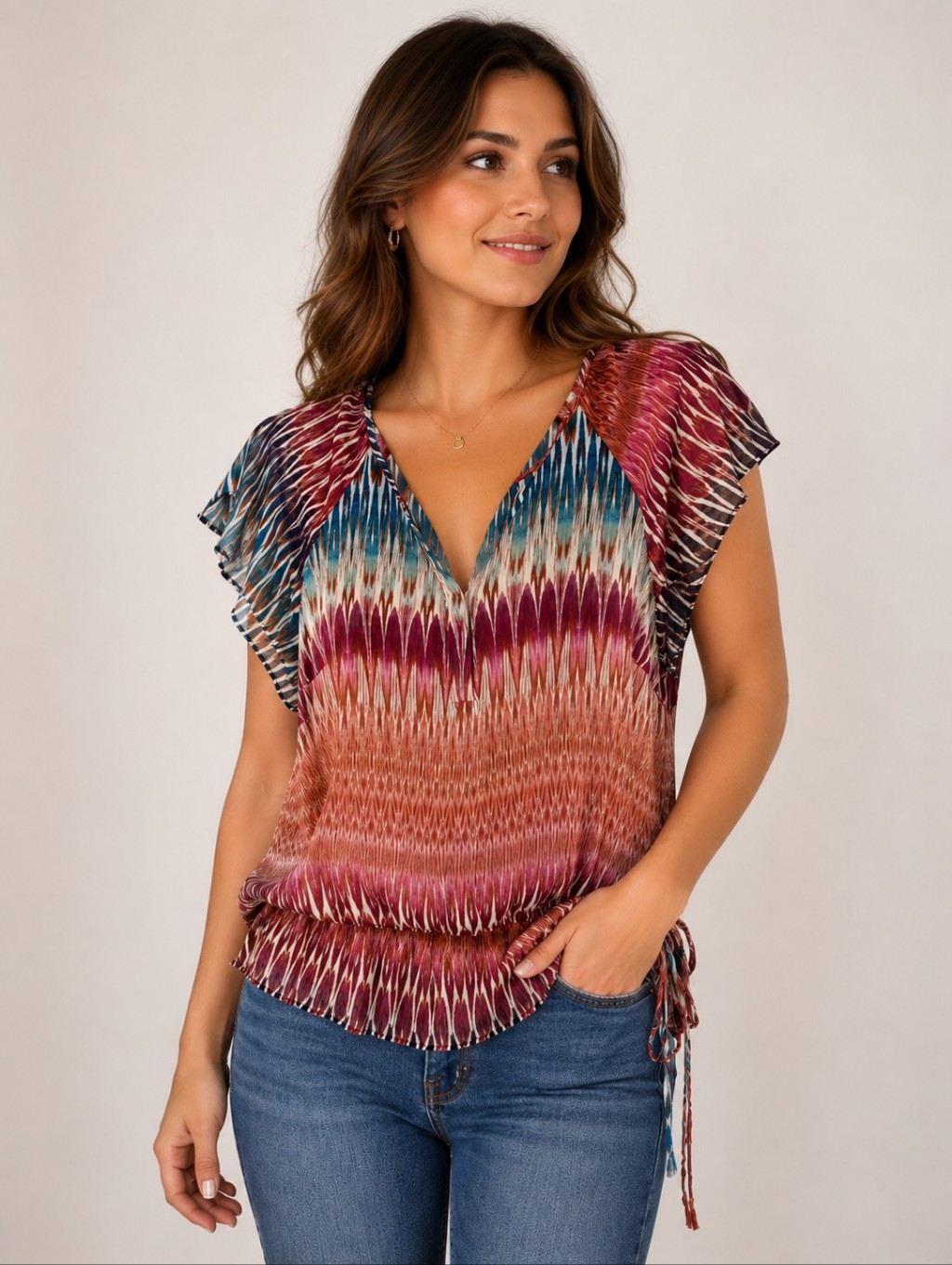 A N A A New Approach Sheer Abstract Print V-Neck Top Size1x